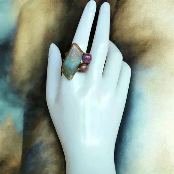 🆕️Boho Chic Labradorite & Amethyst Adjustable Copper Ring Rustic Vintage Style - Picture 10 of 17